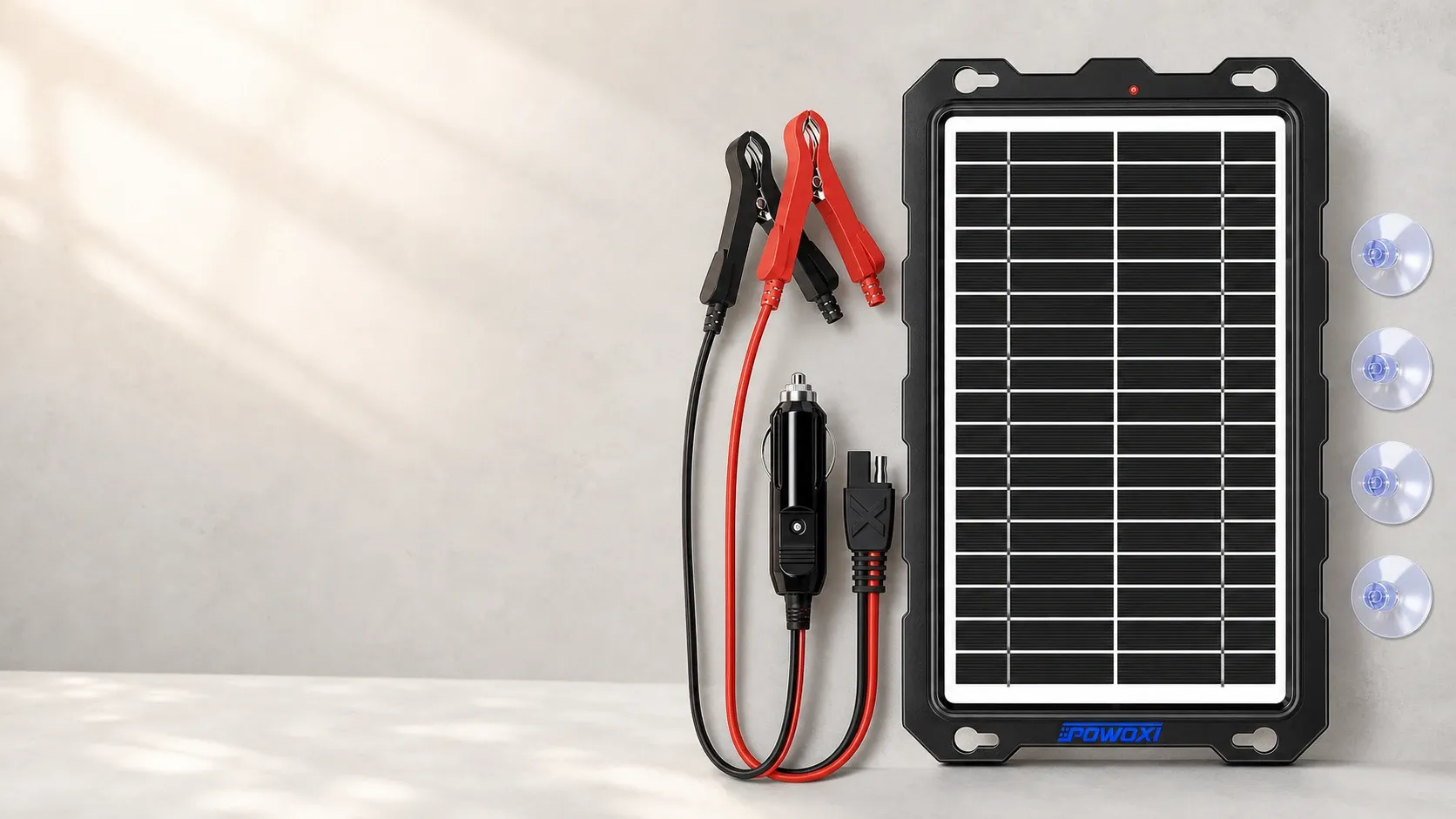 Solar battery maintainer kit with a rectangular solar panel, crocodile clips, cigarette lighter plug, and suction cups laid out on a light background.