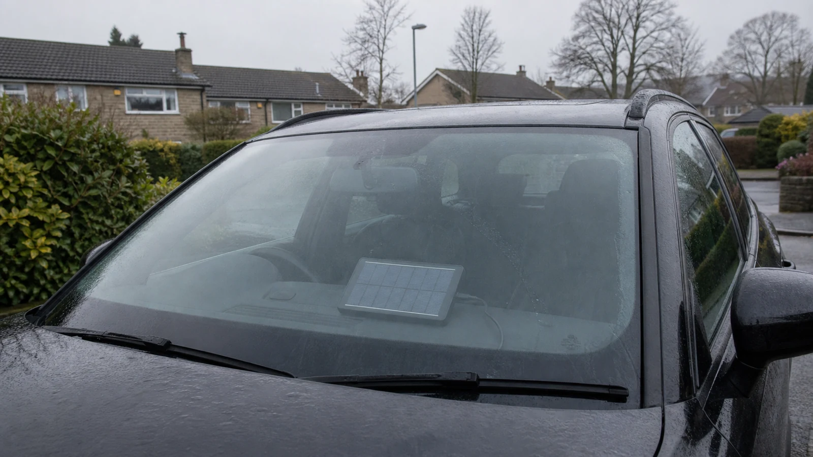 Parked car on a grey UK winter day using a dashboard solar trickle charger