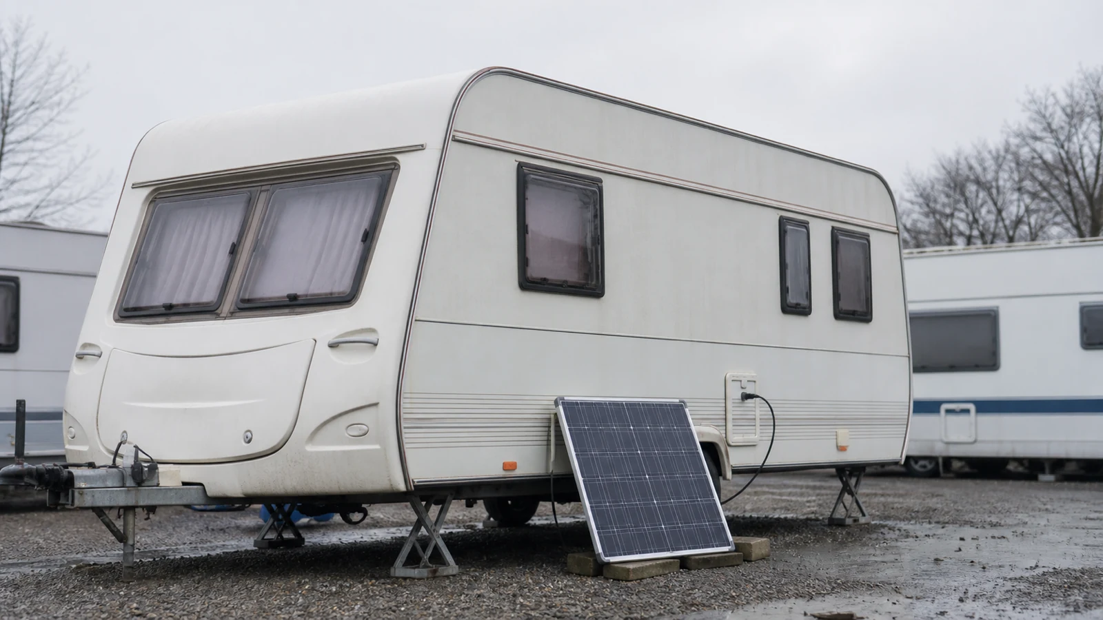 Caravan in UK storage with a compact solar panel used to maintain the leisure battery