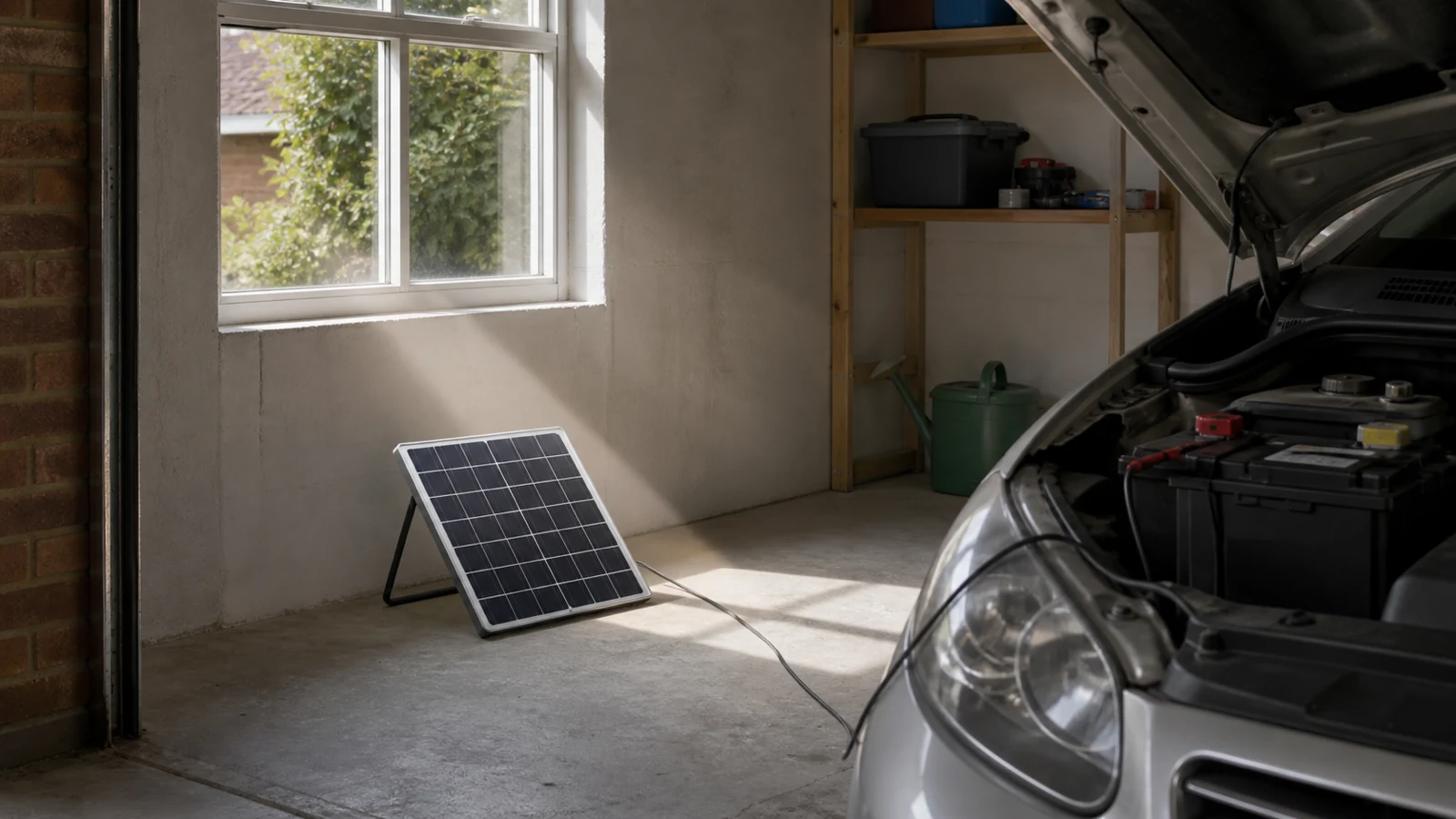 Unpowered UK garage where daylight from a window reaches a small solar battery maintainer