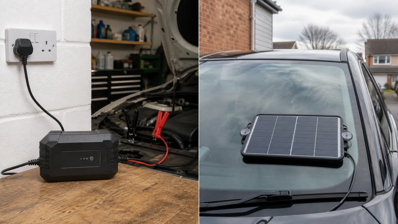Side-by-side comparison of a mains smart battery charger and a solar battery maintainer in a UK garage setting