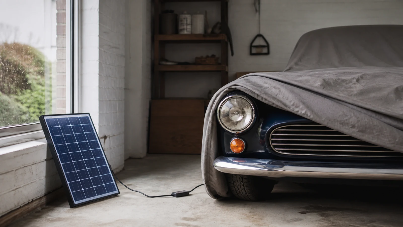 Classic car in a UK garage with a small solar battery maintainer panel positioned for daylight